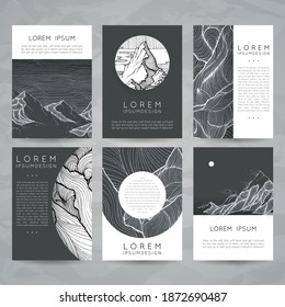Set of doodle card templates with hand-drawn landscape elements and mountains. Stylish simple monochromatic ink design. Vector illustration. Poster template.