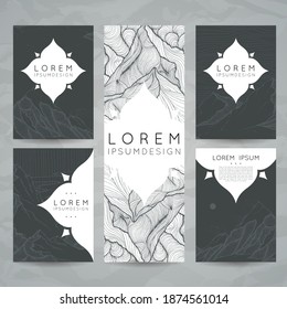Set of doodle card templates with hand-drawn landscape elements and mountains. Stylish simple monochromatic ink design. Vector illustration. Poster template.