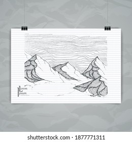 Set of doodle card templates with hand-drawn landscape elements and mountains. Stylish simple monochromatic ink design. Vector illustration. Poster template.