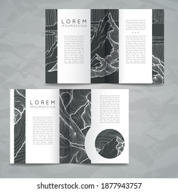 Set of doodle card templates with hand-drawn landscape elements and mountains. Stylish simple monochromatic ink design. Vector illustration. Poster template.