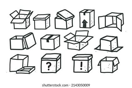 Conjunto de cajas de cartón doodle sobre fondo blanco. Ilustración del dibujo del doodle vector