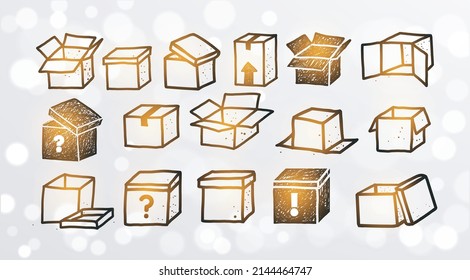Set aus doodlen Kartons auf weißem, glänzendem Hintergrund. Vektorgrafik
