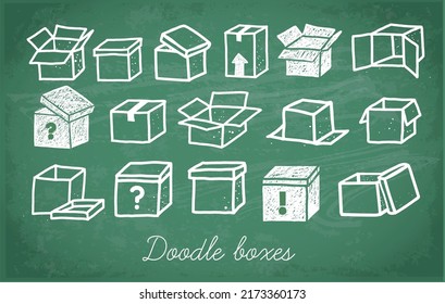 Set of doodle cardboard boxes on green chalkboard background. Vector sketch illustration