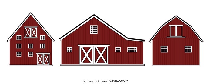 Set of doodle cartoon alone red wooden barn house, roof, windows and doors with crossed white boards. Vector Outline isolated hand drawn illustrations on white background, front view