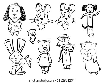 Set doodle cartoon animals - rebbit, dog, bear, cat, mouse