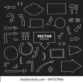 Set of doodle cartoon arrows. Black and white design elements hand drawn with pen, vector illustration. 