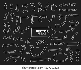 Set of doodle cartoon arrows. Black and white design elements hand drawn with pen, vector illustration. 