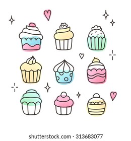 Set of doodle cartoon cupcakes. Cute hand drawn sketch, adorable cupcake collection.