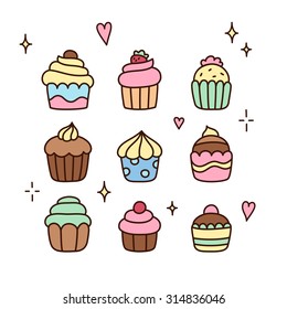 Set of doodle cartoon cupcakes. Cute hand drawn sketch.