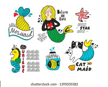 Set of doodle cartoon illustrations with mermaid, cat and sea horse. Vector collection of funny character prints for cards, children clothes and wall posters. Fantastic animals and people in the water