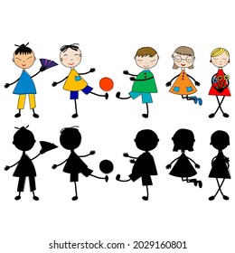 Set of doodle cartoon kids and silhouettes