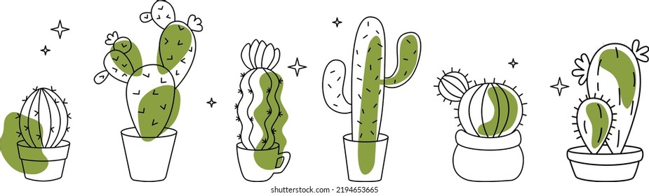 Set doodle cartoon line cacti