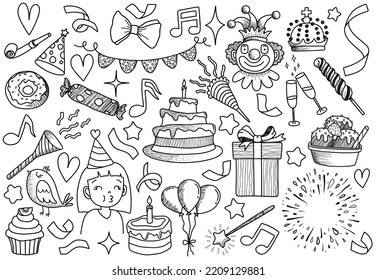  set of doodle cartoon objects and symbols on the birthday party.