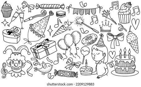  set of doodle cartoon objects and symbols on the birthday party.