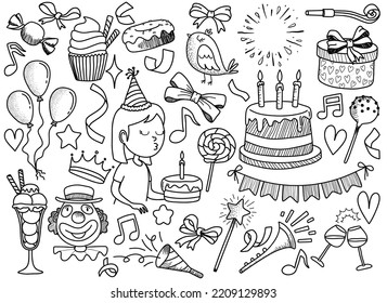  set of doodle cartoon objects and symbols on the birthday party.