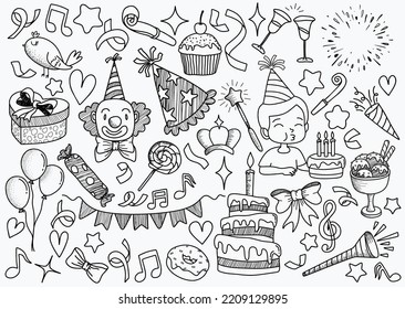  set of doodle cartoon objects and symbols on the birthday party.