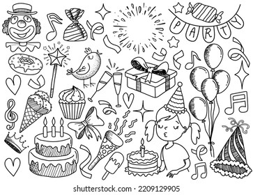  conjunto de objetos de dibujos animados y símbolos de doodle en la fiesta de cumpleaños.