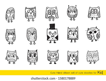Set of doodle cartoon owls with various emotions,Various Cute Owl Doodle Collection,hand drawn