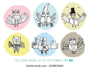 Set of doodle cartoon owls with various emotions,Various Cute Owl Doodle Collection,hand drawn