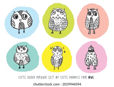 Set of doodle cartoon owls with various emotions,Various Cute Owl Doodle Collection,hand drawn