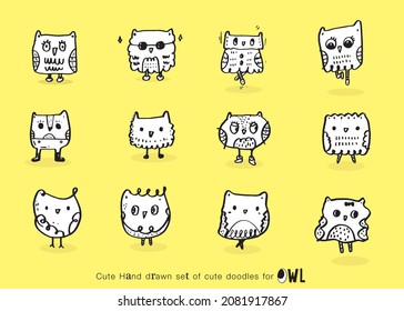 Set of doodle cartoon owls with various emotions,Various Cute Owl Doodle Collection,hand drawn