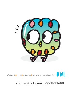 Conjunto de búhos de dibujos animados de doodle con diversas emociones, colección de dibujos a mano de varias lechuzas, animal lindo