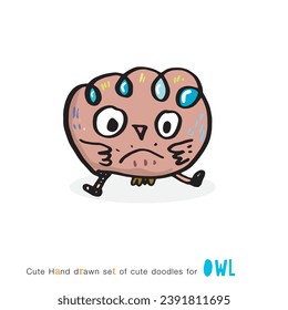 Set aus doodle Cartoon-Eulen mit verschiedenen Emotionen, Various Cute Owl Doodle Collection, handgezeichnet, Cute Tier
