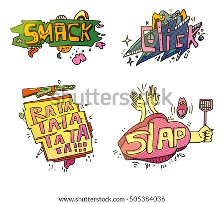 Set of doodle cartoon speech bubble, with word and comic cartoon doodle illustration. Comiceffects in doodle vector style. Cartoon burst graphic with text.