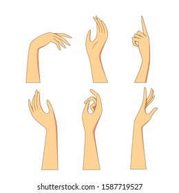 set of doodle cartoon style hands. different gestures of female palm showing and pointing, holding and representing. isolated vector illustration on white background