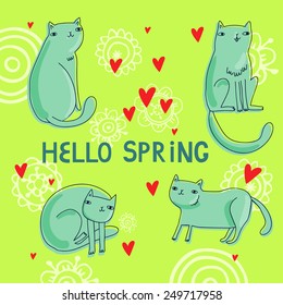 set of doodle cartoons cat with hearts and ''hello spring'' text