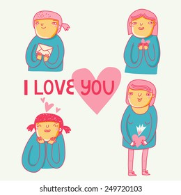 Set of doodle cartoons of girls in love with heart and i love you text. Funny cartoon characters. 