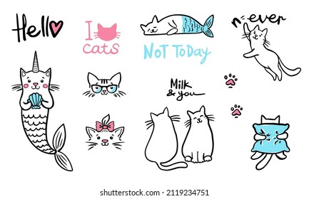 Set of doodle catrtoon cats illustration: mermaid, love couple, motivation, unicorn, paw, hello, i love cats. Doodle black line sketch icon collection. Cute cartoon kids design