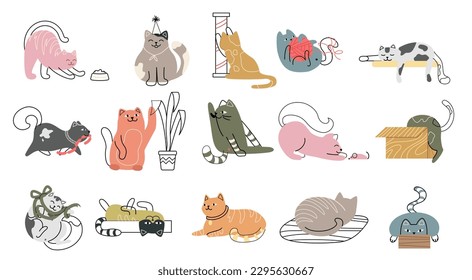 Set of doodle cats. Charming and playful characters and kittens. Collection of pets in box, scratching post and stretching, with ball. Cartoon flat vector illustrations isolated on white background