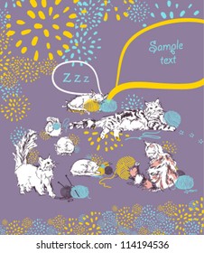Set of doodle cats with design elements and speech bubbles.