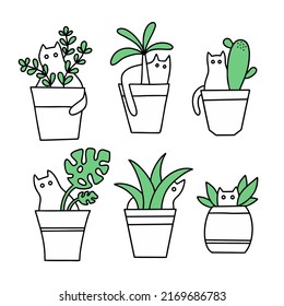 Set of doodle cats  sitting in the             pots with home flowers. Vector collection cute pets and indoor garden.