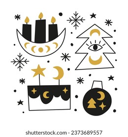 Set of doodle celestial Christmas icons with ball, candles, cake, fir tree, crescent moon, third eye and stars isolated on white background. Magical New year elements.