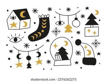 Set of doodle celestial Christmas icons with house, glass ball, sock, fir tree, etc and stars isolated on white background. Magical New year elements.