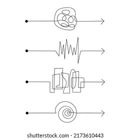 Set of doodle chaos path with arrow. Black scribble. Line art element. Vector illustration. 