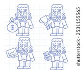 Set doodle character monster holding various objects part three. Vector Illustration