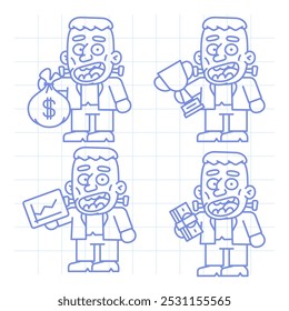 Set doodle character monster holding various objects part three. Vector Illustration