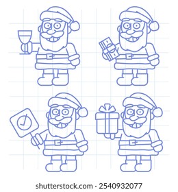 Set doodle character santa holding various objects part two. Vector Illustration