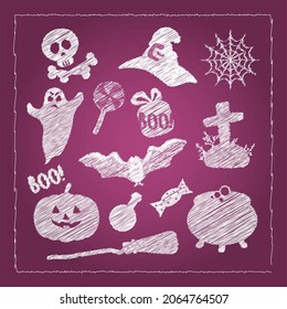 A set of doodle characters for Halloween. White design of album elements for clippings or stickers, stickers. Vector illustration