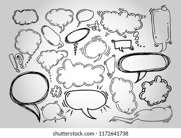 Set of doodle chat cartoon bubbles. Hand drawn. Vector illustration. Freehand drawing. Isolated on white background.