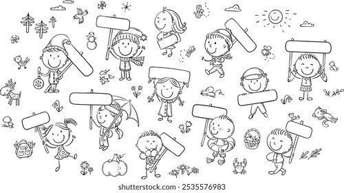 Set of doodle children holding signs with empty space. Isolated outline season wheather clipart. Black and white cartoon doodle kids, vector illustration