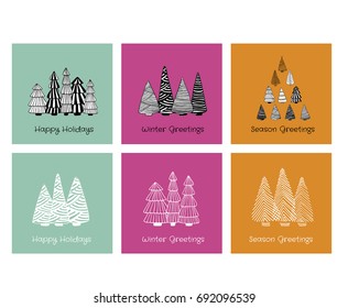 a set of doodle christmas cards; a collection of hand drawn posters with fir trees for winter seasonal holidays; winter greetings and happy holidays square banners; retro vintage style