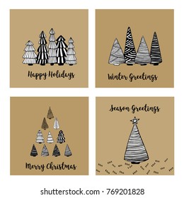 a set of doodle christmas cards; a collection of hand drawn posters with fir trees for winter seasonal holidays; winter greetings and happy holidays square banners; retro vintage style