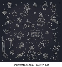 Set of doodle Christmas decorations on a chalkboard. EPS 10. Transparency. No gradients.
