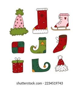 Set of doodle Christmas elements. Cute gifts, boot, elf shoe, Santa hats, ice skating boot