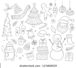 Set of doodle christmas elements. Hand drawn winter vector illustrations and icons. 