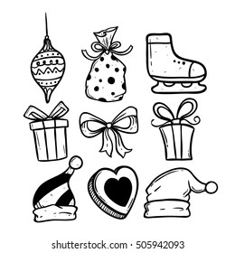 set of doodle christmas elements with outline